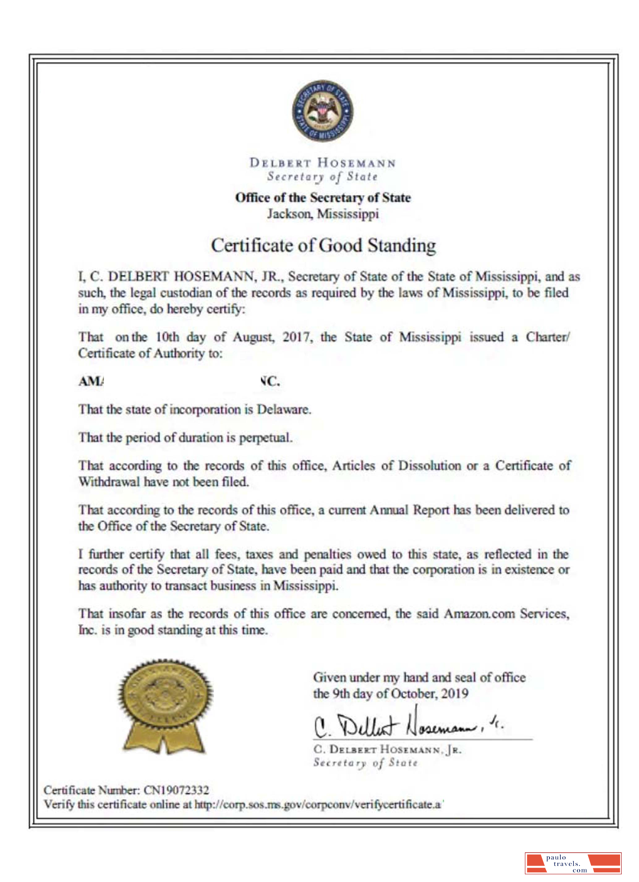 USA Mississippi certificate of good standing